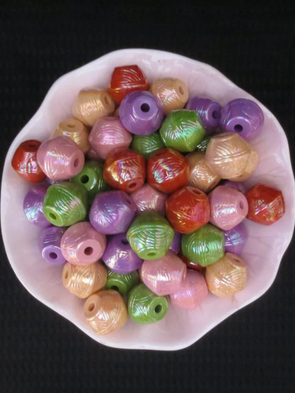 NEW 64 Macrame Beads Red Pink Peach Purple Green Iridescent Bicone Barrel